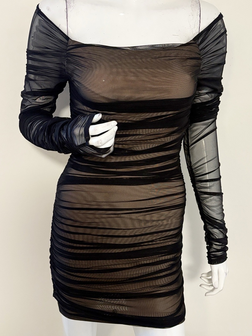 Bebe Y2K Long Sleeve Sheer Mesh Ruched Bodycon Off Shoulder Black Mini Dress